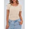 imagePRETTYGARDEN Womens 2025 Fall Summer Short Sleeve Tops Ribbed Henley Button Slim Fit Basic Casual T Shirts Blouse ClothingBeige