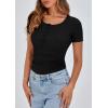 imagePRETTYGARDEN Womens 2025 Fall Summer Short Sleeve Tops Ribbed Henley Button Slim Fit Basic Casual T Shirts Blouse ClothingBlack