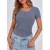 imagePRETTYGARDEN Womens 2025 Fall Summer Short Sleeve Tops Ribbed Henley Button Slim Fit Basic Casual T Shirts Blouse ClothingBlue Grey