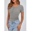 imagePRETTYGARDEN Womens 2025 Fall Summer Short Sleeve Tops Ribbed Henley Button Slim Fit Basic Casual T Shirts Blouse ClothingGrey