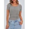 imagePRETTYGARDEN Womens 2025 Fall Summer Short Sleeve Tops Ribbed Henley Button Slim Fit Basic Casual T Shirts Blouse ClothingGrey