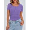 imagePRETTYGARDEN Womens 2025 Fall Summer Short Sleeve Tops Ribbed Henley Button Slim Fit Basic Casual T Shirts Blouse ClothingGrey Purple