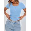 imagePRETTYGARDEN Womens 2025 Fall Summer Short Sleeve Tops Ribbed Henley Button Slim Fit Basic Casual T Shirts Blouse ClothingLight Blue