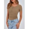 imagePRETTYGARDEN Womens 2025 Fall Summer Short Sleeve Tops Ribbed Henley Button Slim Fit Basic Casual T Shirts Blouse ClothingLight Khaki