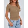 imagePRETTYGARDEN Womens 2025 Fall Summer Short Sleeve Tops Ribbed Henley Button Slim Fit Basic Casual T Shirts Blouse ClothingLight Khaki