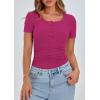 imagePRETTYGARDEN Womens 2025 Fall Summer Short Sleeve Tops Ribbed Henley Button Slim Fit Basic Casual T Shirts Blouse ClothingRose Red