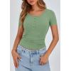 imagePRETTYGARDEN Womens 2025 Fall Summer Short Sleeve Tops Ribbed Henley Button Slim Fit Basic Casual T Shirts Blouse ClothingSage Green