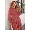 imagePRETTYGARDEN Womens Fall Spring Midi Dress Long Sleeve Floral Smocked Elegant Wedding Guest Long Flowy Dresses with PocketsBean Paste Red