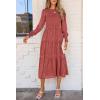imagePRETTYGARDEN Womens Fall Spring Midi Dress Long Sleeve Floral Smocked Elegant Wedding Guest Long Flowy Dresses with PocketsBean Paste Red