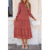 imagePRETTYGARDEN Womens Fall Spring Midi Dress Long Sleeve Floral Smocked Elegant Wedding Guest Long Flowy Dresses with PocketsBean Paste Red