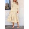 imagePRETTYGARDEN Womens Fall Spring Midi Dress Long Sleeve Floral Smocked Elegant Wedding Guest Long Flowy Dresses with PocketsBeige
