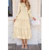 imagePRETTYGARDEN Womens Fall Spring Midi Dress Long Sleeve Floral Smocked Elegant Wedding Guest Long Flowy Dresses with PocketsBeige