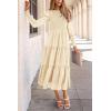 imagePRETTYGARDEN Womens Fall Spring Midi Dress Long Sleeve Floral Smocked Elegant Wedding Guest Long Flowy Dresses with PocketsBeige