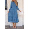 imagePRETTYGARDEN Womens Fall Spring Midi Dress Long Sleeve Floral Smocked Elegant Wedding Guest Long Flowy Dresses with PocketsBlue