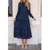 imagePRETTYGARDEN Womens Fall Spring Midi Dress Long Sleeve Floral Smocked Elegant Wedding Guest Long Flowy Dresses with PocketsDark Blue