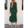 imagePRETTYGARDEN Womens Fall Spring Midi Dress Long Sleeve Floral Smocked Elegant Wedding Guest Long Flowy Dresses with PocketsDark Green
