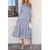 imagePRETTYGARDEN Womens Fall Spring Midi Dress Long Sleeve Floral Smocked Elegant Wedding Guest Long Flowy Dresses with PocketsGrey Blue
