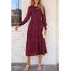 imagePRETTYGARDEN Womens Fall Spring Midi Dress Long Sleeve Floral Smocked Elegant Wedding Guest Long Flowy Dresses with PocketsWine Red