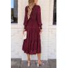 imagePRETTYGARDEN Womens Fall Spring Midi Dress Long Sleeve Floral Smocked Elegant Wedding Guest Long Flowy Dresses with PocketsWine Red