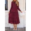imagePRETTYGARDEN Womens Fall Spring Midi Dress Long Sleeve Floral Smocked Elegant Wedding Guest Long Flowy Dresses with PocketsWine Red