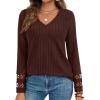 imagePRETTYGARDEN Womens Long Sleeve Shirts Ribbed Knit V Neck Tee Dressy Casual Blouses Going Out Tunic Tops 2025 Fall OutfitsBrown