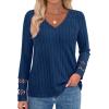 imagePRETTYGARDEN Womens Long Sleeve Shirts Ribbed Knit V Neck Tee Dressy Casual Blouses Going Out Tunic Tops 2025 Fall OutfitsDark Blue