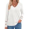 imagePRETTYGARDEN Womens Long Sleeve Shirts Ribbed Knit V Neck Tee Dressy Casual Blouses Going Out Tunic Tops 2025 Fall OutfitsWhite
