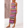 imagePRETTYGARDEN Womens Maxi Tank Spring Dress Sleeveless Crew Neck Striped Side Slit Casual Long Bodycon DressesBrown Red