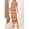 imagePRETTYGARDEN Womens Maxi Tank Spring Dress Sleeveless Crew Neck Striped Side Slit Casual Long Bodycon DressesOrange