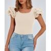 imagePRETTYGARDEN Womens Ruffle Short Sleeve Shirts 2025 Summer Casual Basic Tee Cute Fitted Crew Neck Fashion Tops ClothesBeige