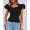 imagePRETTYGARDEN Womens Ruffle Short Sleeve Shirts 2025 Summer Casual Basic Tee Cute Fitted Crew Neck Fashion Tops ClothesBlack