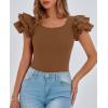 imagePRETTYGARDEN Womens Ruffle Short Sleeve Shirts 2025 Summer Casual Basic Tee Cute Fitted Crew Neck Fashion Tops ClothesBrown