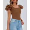 imagePRETTYGARDEN Womens Ruffle Short Sleeve Shirts 2025 Summer Casual Basic Tee Cute Fitted Crew Neck Fashion Tops ClothesBrown