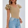 imagePRETTYGARDEN Womens Ruffle Short Sleeve Shirts 2025 Summer Casual Basic Tee Cute Fitted Crew Neck Fashion Tops ClothesKhaki