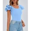 imagePRETTYGARDEN Womens Ruffle Short Sleeve Shirts 2025 Summer Casual Basic Tee Cute Fitted Crew Neck Fashion Tops ClothesLight Blue