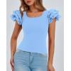 imagePRETTYGARDEN Womens Ruffle Short Sleeve Shirts 2025 Summer Casual Basic Tee Cute Fitted Crew Neck Fashion Tops ClothesLight Blue