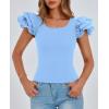 imagePRETTYGARDEN Womens Ruffle Short Sleeve Shirts 2025 Summer Casual Basic Tee Cute Fitted Crew Neck Fashion Tops ClothesLight Blue