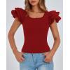 imagePRETTYGARDEN Womens Ruffle Short Sleeve Shirts 2025 Summer Casual Basic Tee Cute Fitted Crew Neck Fashion Tops ClothesRust Red