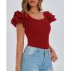 imagePRETTYGARDEN Womens Ruffle Short Sleeve Shirts 2025 Summer Casual Basic Tee Cute Fitted Crew Neck Fashion Tops ClothesRust Red