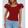 imagePRETTYGARDEN Womens Ruffle Short Sleeve Shirts 2025 Summer Casual Basic Tee Cute Fitted Crew Neck Fashion Tops ClothesRust Red