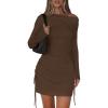 imagePRETTYGARDEN Long Sleeve Dress for Women Early Fall Fashion 2025 Cocktail Party Bodycon Off The Shoulder Mini Ruched DressesBrown