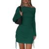 imagePRETTYGARDEN Long Sleeve Dress for Women Early Fall Fashion 2025 Cocktail Party Bodycon Off The Shoulder Mini Ruched DressesDark Green