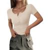 imagePRETTYGARDEN Womens 2025 Fall Summer Short Sleeve Tops Ribbed Henley Button Slim Fit Basic Casual T Shirts Blouse ClothingBeige