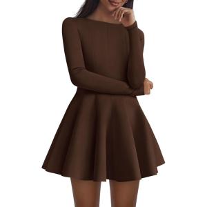 imagePRETTYGARDEN Fall Cocktail Dresses for Women Elegant Classy Wedding Guest 2025 Long Sleeve Homecoming Party A Line Mini DressBrown