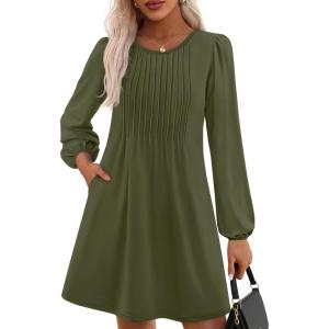 imagePRETTYGARDEN Fall Dresses for Women 2025 Long Sleeve Mini Short Flowy A Line Casual Holiday Party Tunic Dress Fashion ClothesArmy Green