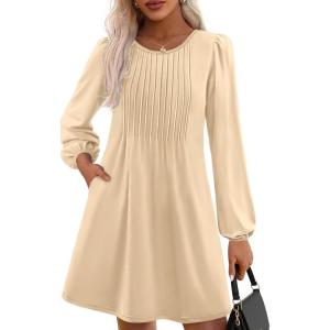 imagePRETTYGARDEN Fall Dresses for Women 2025 Long Sleeve Mini Short Flowy A Line Casual Holiday Party Tunic Dress Fashion ClothesBeige
