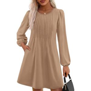 imagePRETTYGARDEN Fall Dresses for Women 2025 Long Sleeve Mini Short Flowy A Line Casual Holiday Party Tunic Dress Fashion ClothesKhaki