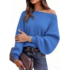 imagePRETTYGARDEN Fall Sweaters for Women 2025 Oversized Boat Neck Pullover Long Sleeve Knit Tops Cozy Winter Fashion ClothingBlue