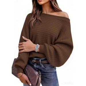 imagePRETTYGARDEN Fall Sweaters for Women 2025 Oversized Boat Neck Pullover Long Sleeve Knit Tops Cozy Winter Fashion ClothingBrown
