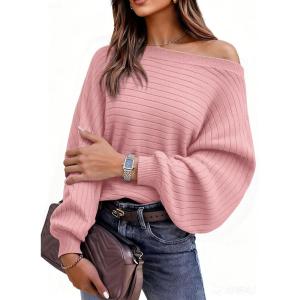 imagePRETTYGARDEN Fall Sweaters for Women 2025 Oversized Boat Neck Pullover Long Sleeve Knit Tops Cozy Winter Fashion ClothingPink
